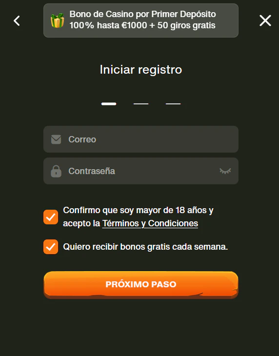 Creación de cuenta y acceso al área personal de Cashwin Casino