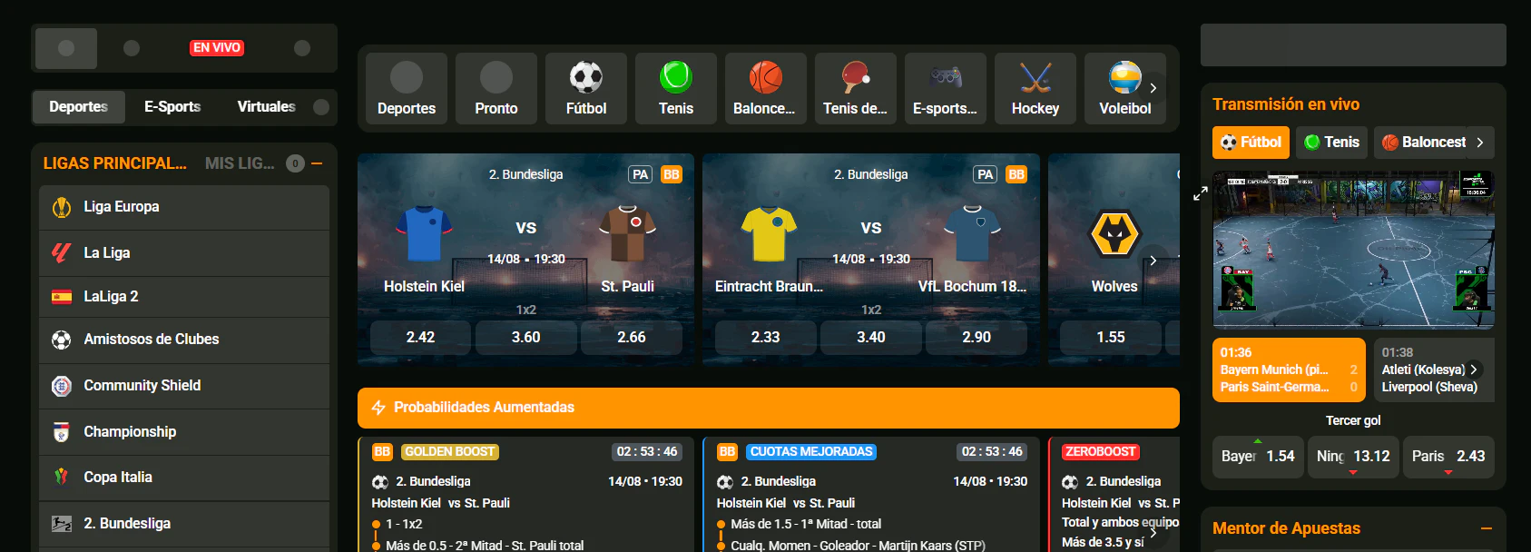 Mercados de apuestas deportivas y competiciones de eSports en Cashwin Casino